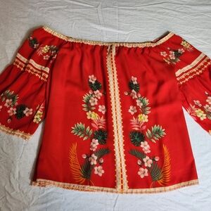 Flower Feather Elegant Floral Off-Shoulder Blouse in Red